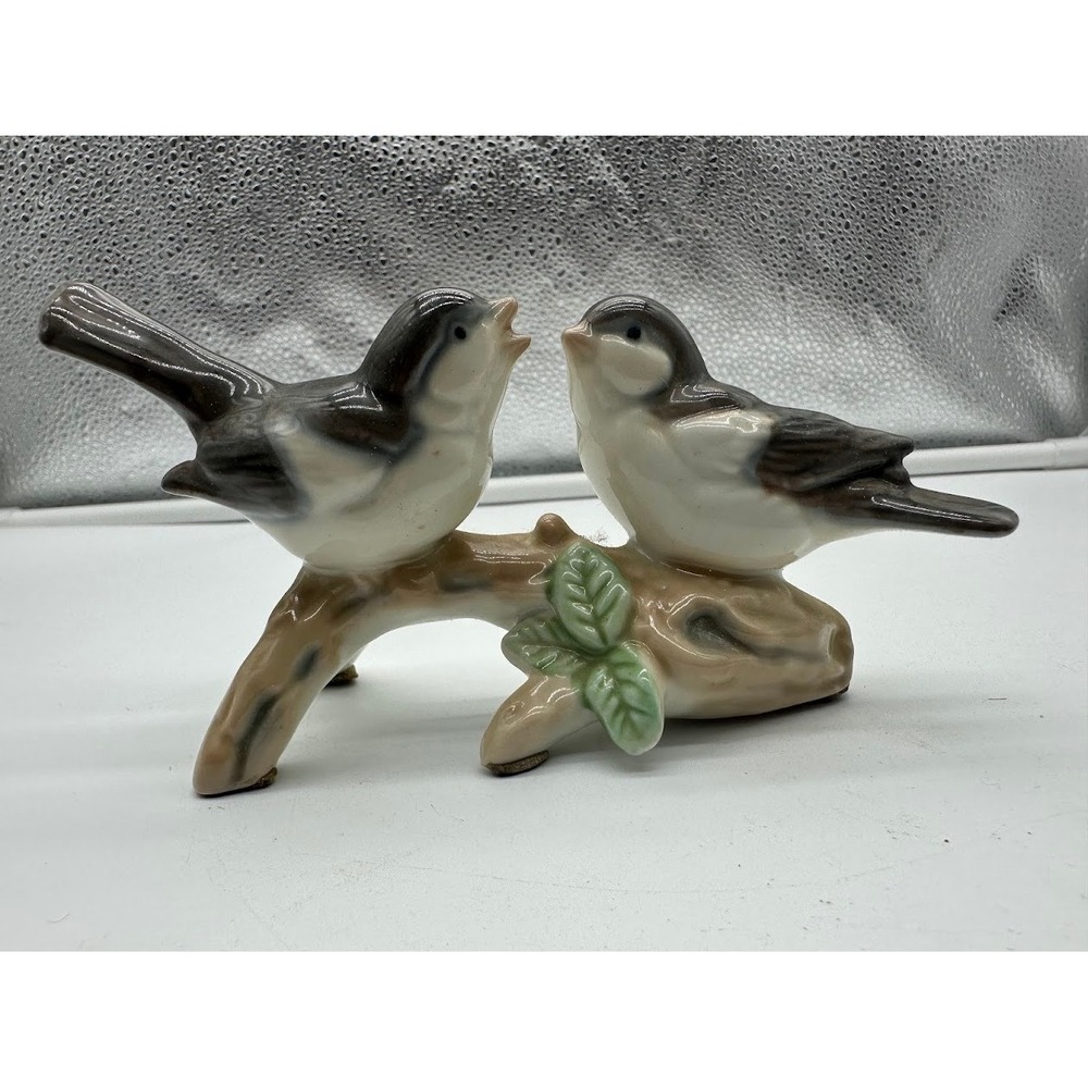 Vintage Otagiri Japan Porcelain Birds on Branch Figurine Hand Painted Gray White